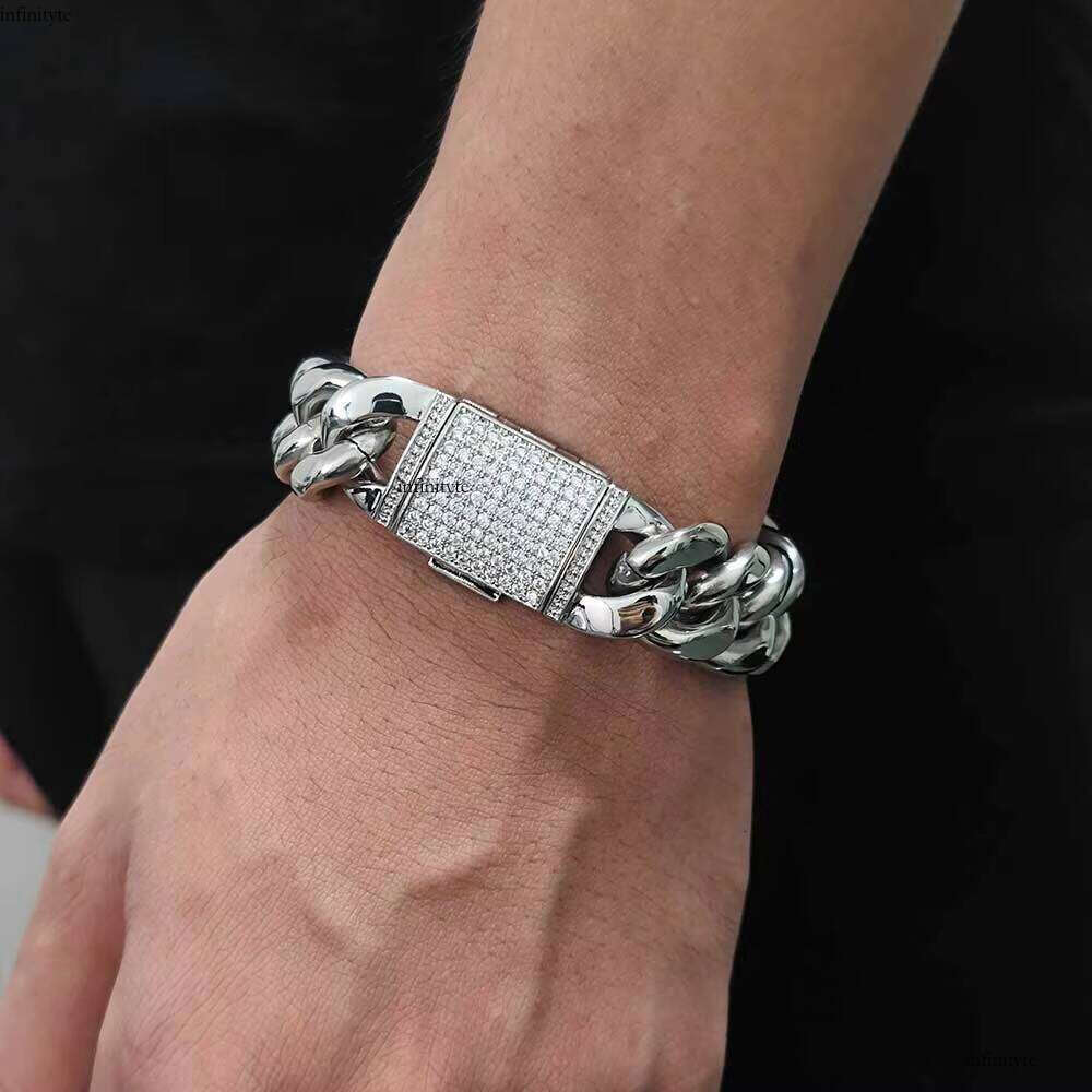 NUOYA Hip Hop Jewelry 18mm Stainless Steel Curb Chain Brass Zircon Clasp Gold Plated Miami Cuban Link Bracelet