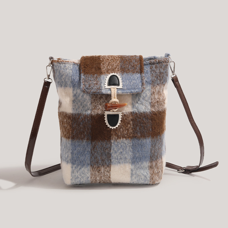 Wool Plaid 2025 New College Style Bucket Crossbody Bag for Going Out ddmymoon