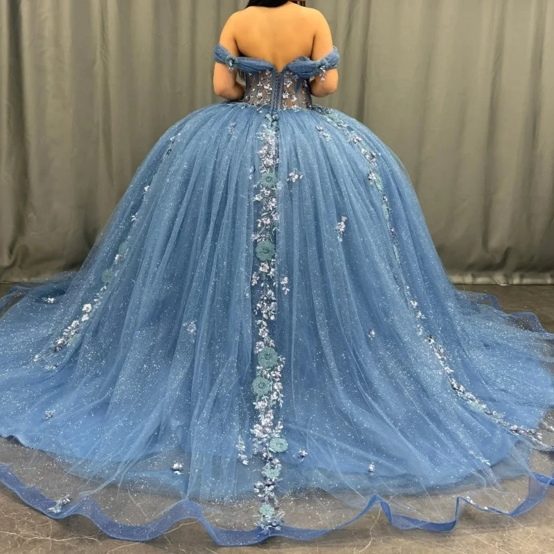 Sea Blue Quinceanera Dresses Ball Gown Off The Shoulder Applique Lace Beads Tull Corset Party Birthday Sweet 16 Dress Vestidos 15 Anos