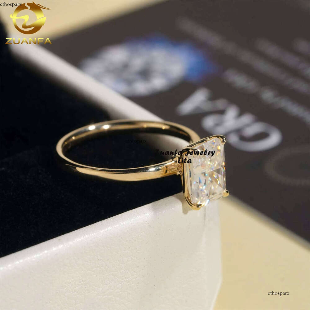 Fashion Romantic 14k Gold VVS Dia 2ct Radiant Cut Moissanite Engagement Wedding Ring