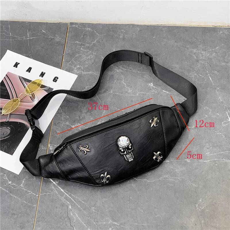 Annmouler 2022 Unisex Waist Packs Punk Style Fanny Pack Black Leather Skull Chests Designer Rivet Phone Pouch Adjustable Bag