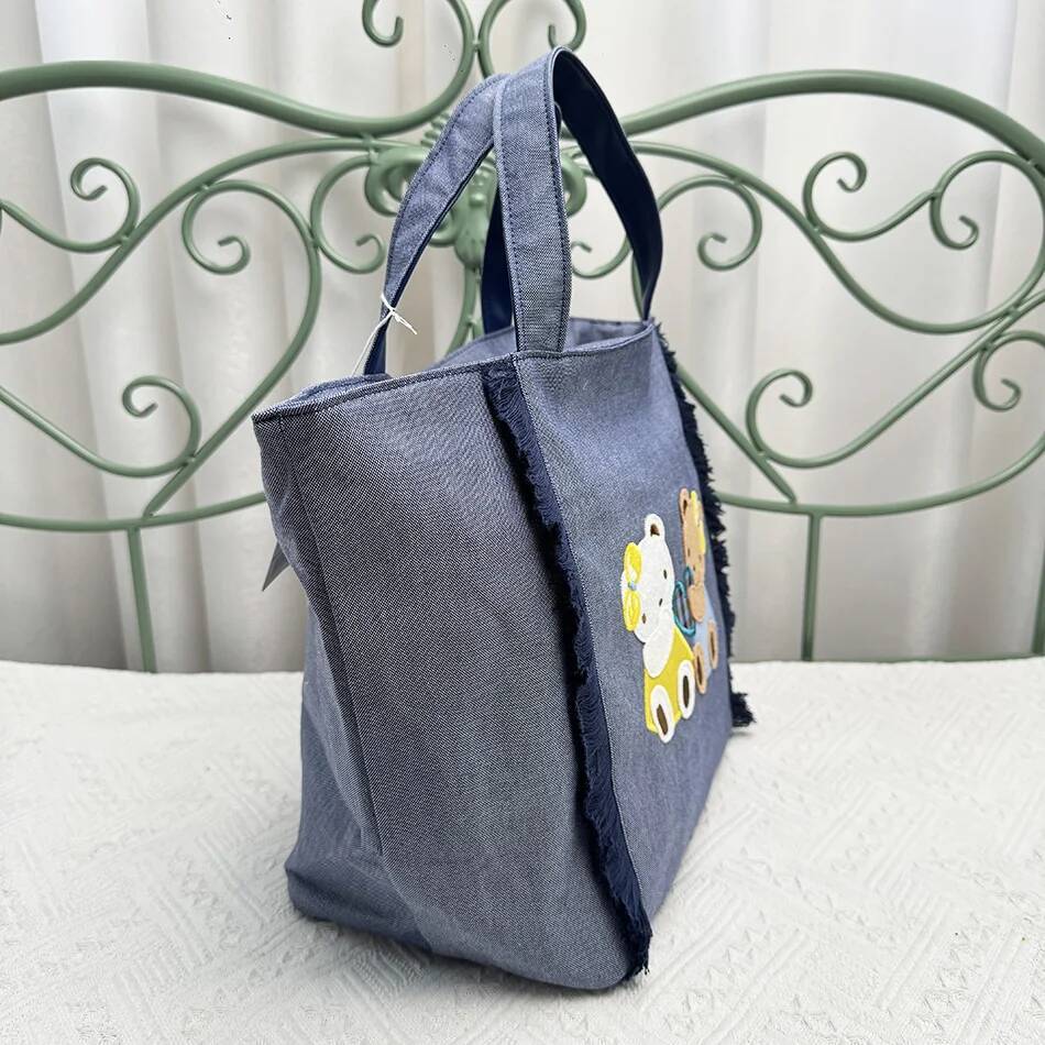 New Women Cute Bear Embroidery Handbag Large Capacity Lightweight Casual Card Ladies Denim Tote Bag 780842