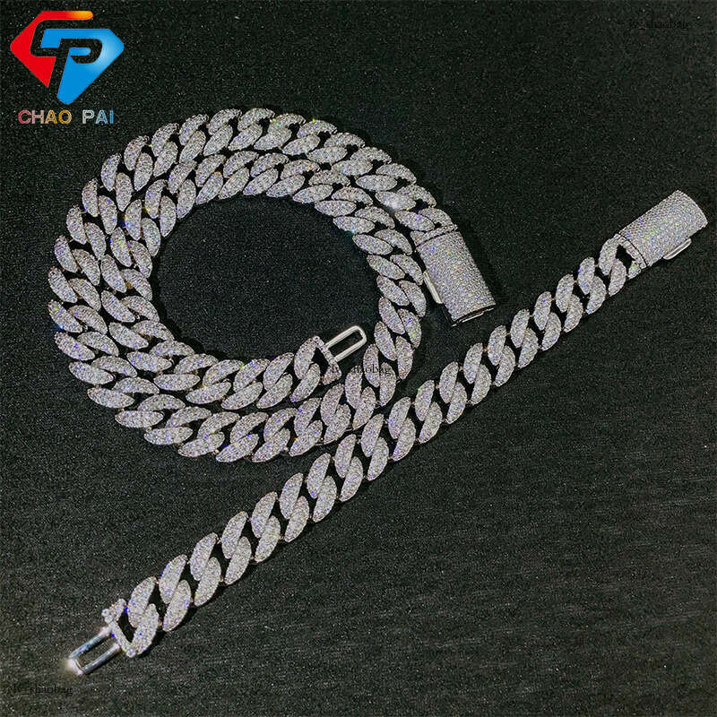 INS Sterling Silver Inlaid Moissanite chain Cuban Chain 12mm Crescent Shape Hip Hop Trendy Brand Men's Bracelet Necklace