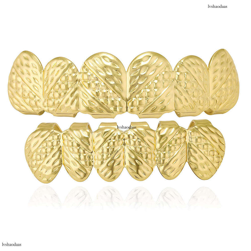 New Hip-Hop Gold-Plated Teeth Grills with Engraved Faceted Cross Texture and Real Gold Plating