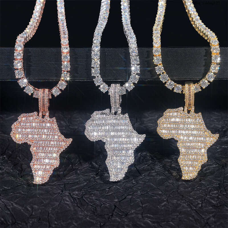 Hip-Hop Pendant Personality Map Sterling Silver Inlaid Moissanite chain Full Dia Unisex Necklace Accessory