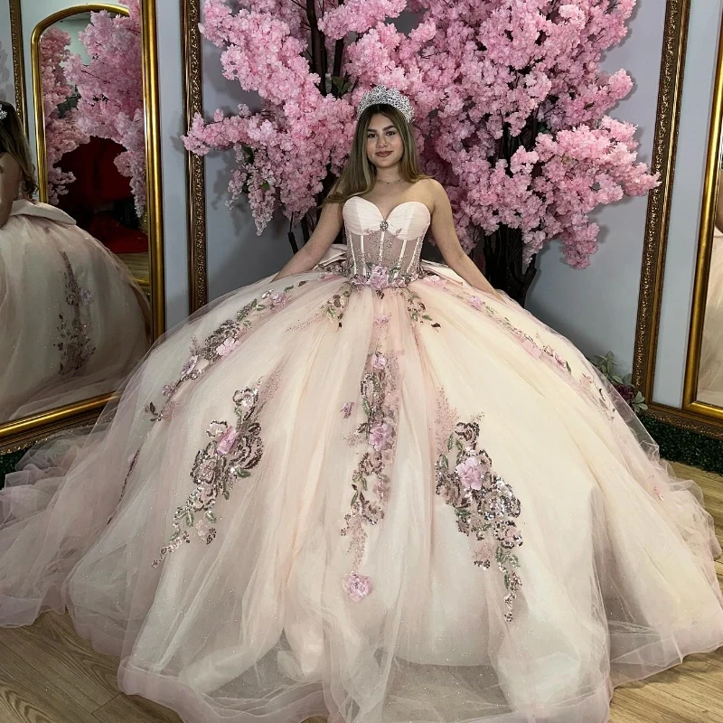 Champagne Quinceanera Dresses Ball Gown Sequin Applique Lace Beads Tulle Birthday Party Princess Vestido 15 De Anos Sweet 16 Dress