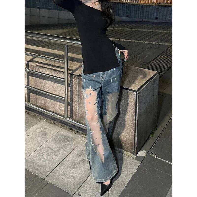 ZHIZOU Y2k Aesthetic Women Sexy Mesh Spliced Haruku Streetwear Denim Trousers Hollow Out Kpop Style Vintage Baggy Jeans