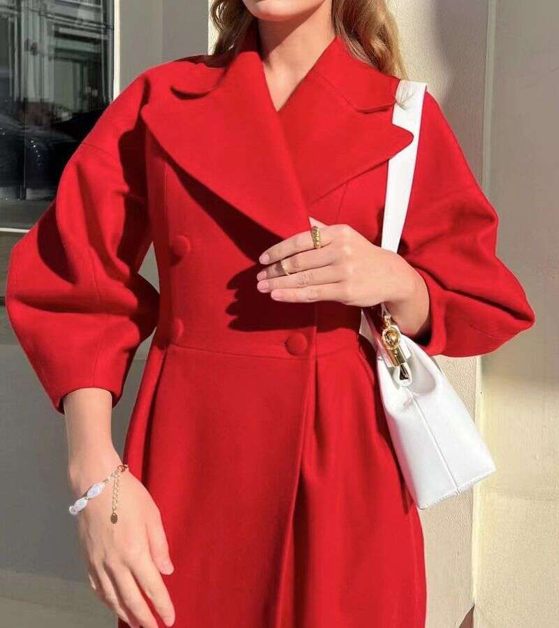 Women's woolen intellectual wind pocket lapel winter new solid color lantern sleeve female coat