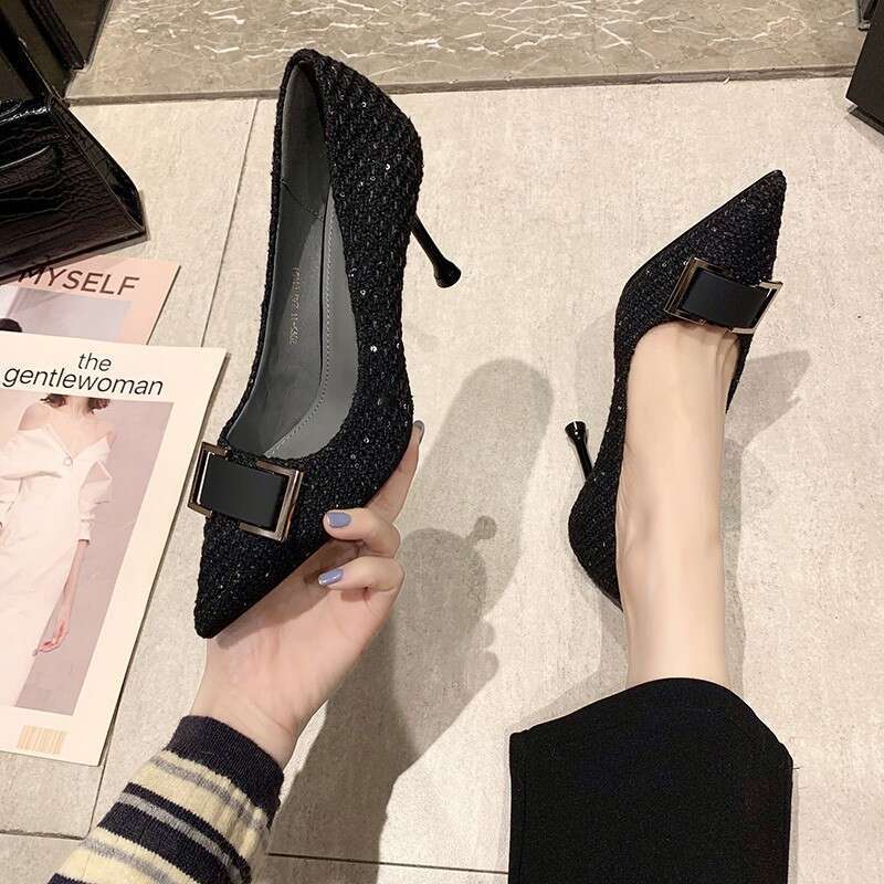 High Heels Women 2020 New Autumn Winter Fashion Korean Style Sexy Pointed Toe Thin Heel Metal Buckle Designer shoes Professional Work Shoes
