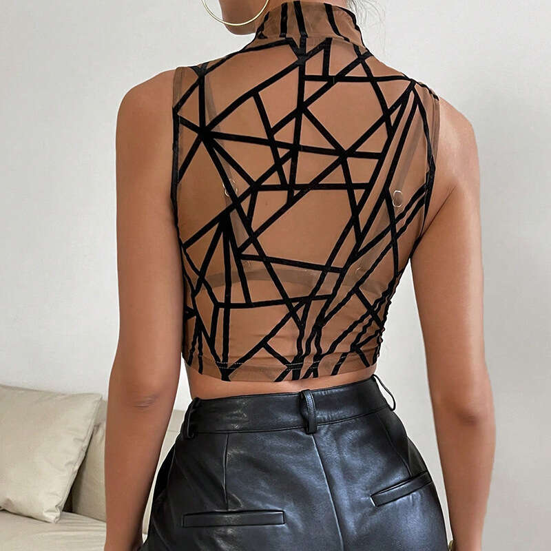 New Striped Sexy Round Neck Grid Print See-through Mesh Vest