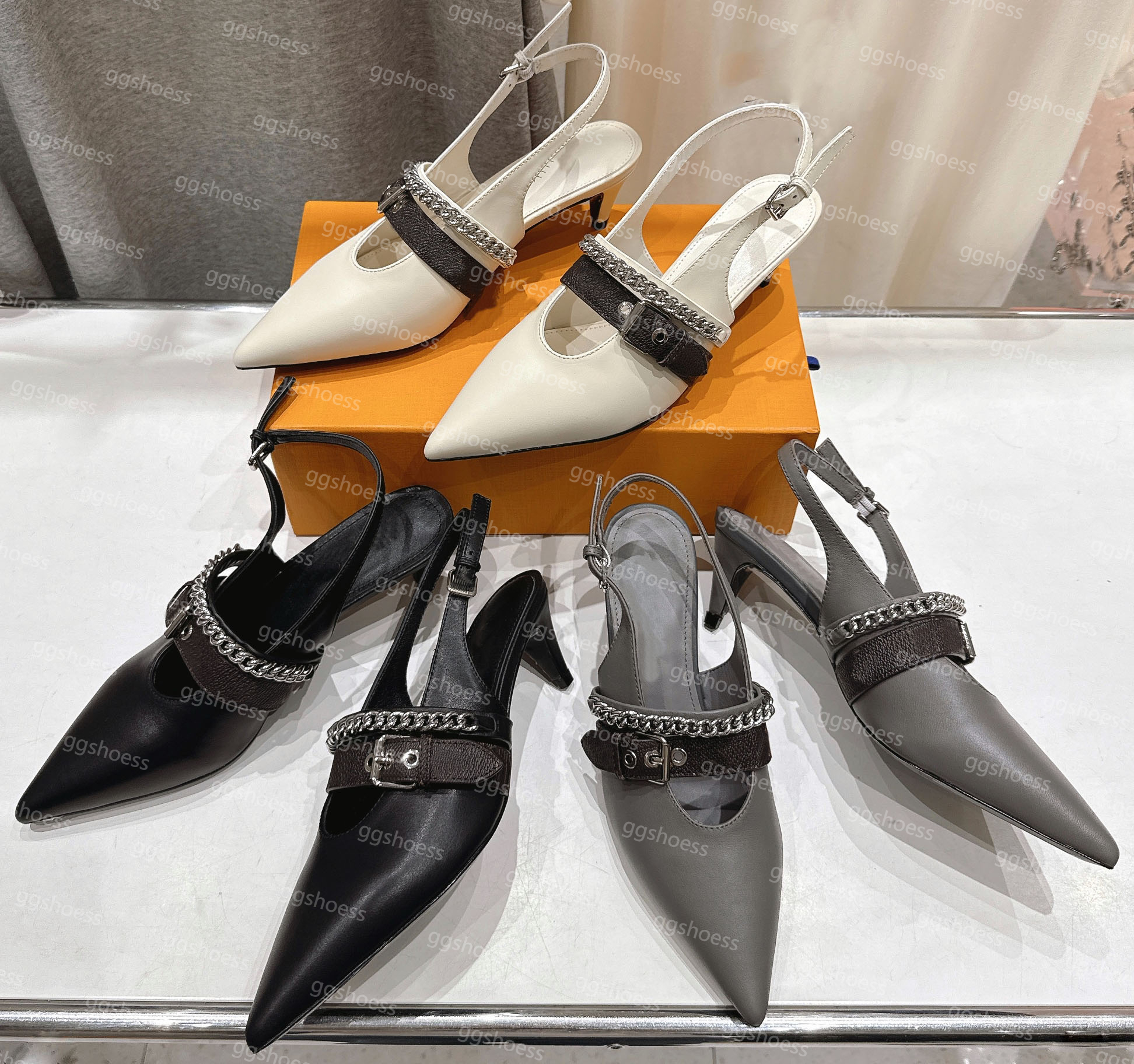 Quality Vibe Slingback Pump Fashion Designer Women Heel Genuine Leather Dress Shoe Summer Chain Thong Sandal Slingback Flat Ballerina