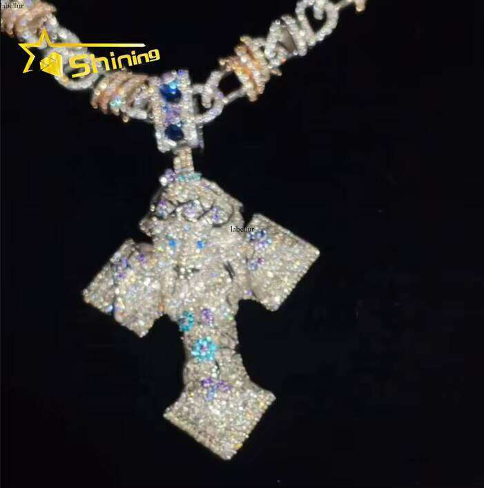 New Arrival Custom Iced Out 3D Charm Hip Hop Pendant Jewelry Multi-Colored VVS Moissanite Jesus Cross