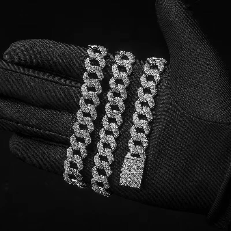 Moissanite Zircon Silver Factory Manufacture Decorative 12mm Cuban Link Necklace Brass Miami Cuban Chain Gold Plated Hiphop