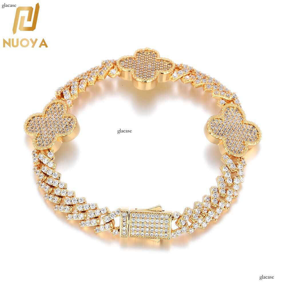 Hip Hop Spring Buckle Four-Leaf Clover Rhombus Cuban Chain Zircon High-End Versatile Men's Bracelet