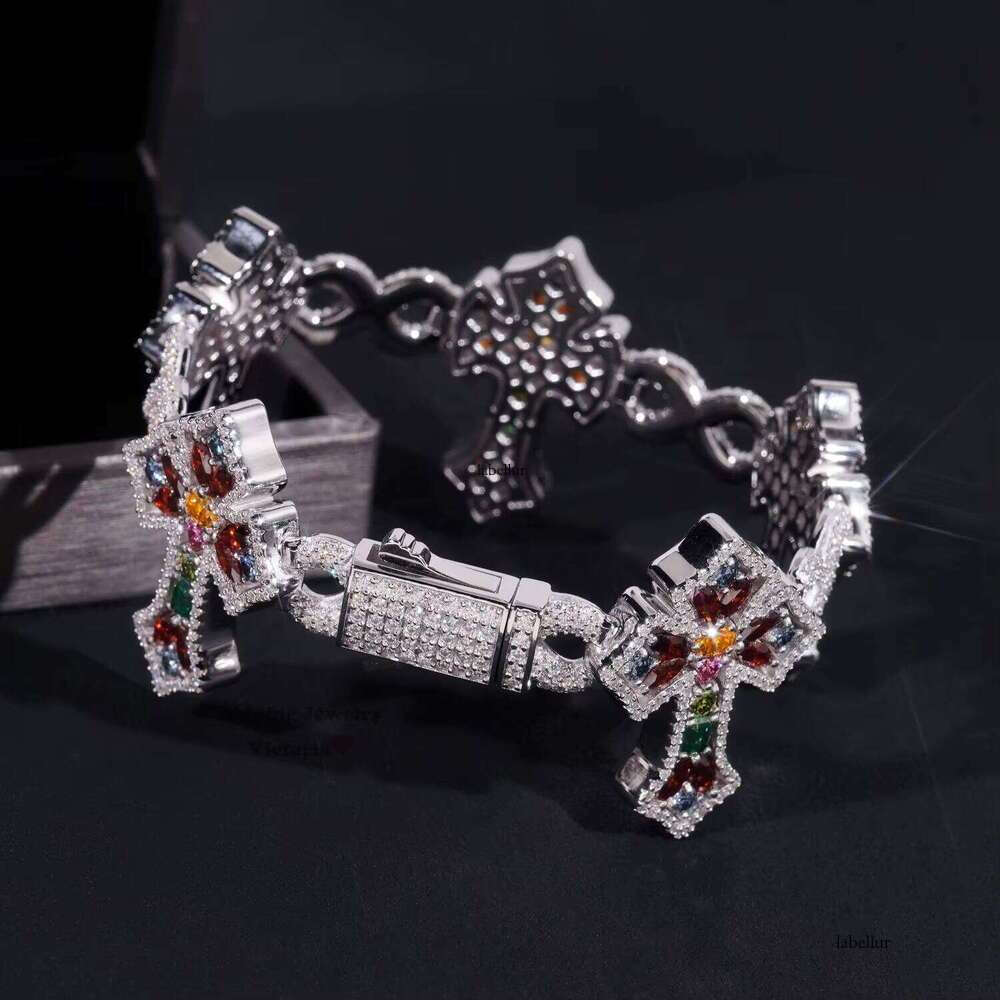 Iced Fancy Cut Colorful Silicon Cross Bracelet Sterling Sier GRA Certificate Men's Jewelry