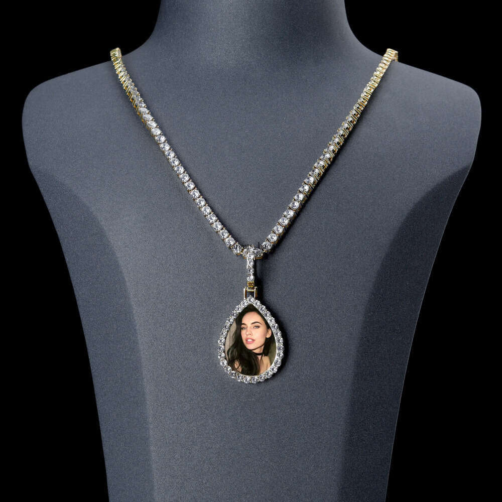 Full Dia Hip-Hop Water Drop Pendant Sterling Silver Moissanite chain Oval Memory Photo Frame Necklace Personalized DIY