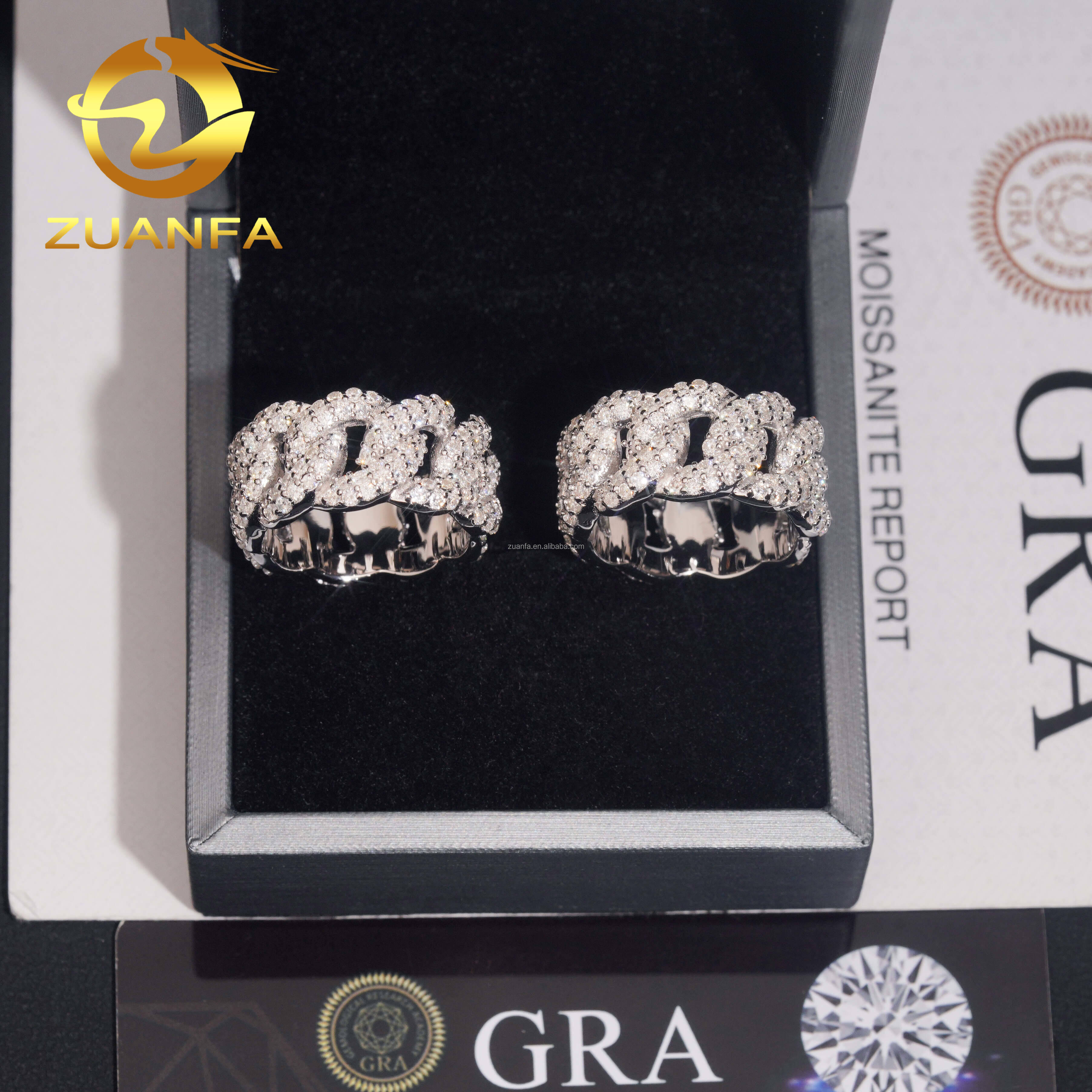 New Design Fashion 2Rows Stone S925 Sterling Silver Hip Hop Iced Out White Gold Plated VVS1 Moissanite Miami Cuban Band Ring Man