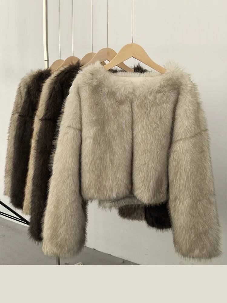 Mumaroho 2025 Winter Autumn Faux Fur Cropped Coat Solid Long Sleeve Thick Warm Outwear Fluffy Short Jacket Women