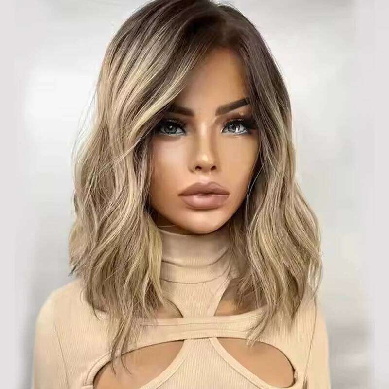 Authentic European Blonde Synthetic Brown Root short wig Je Hair 13x4 Lace Front Wig For Women Daily Party Use