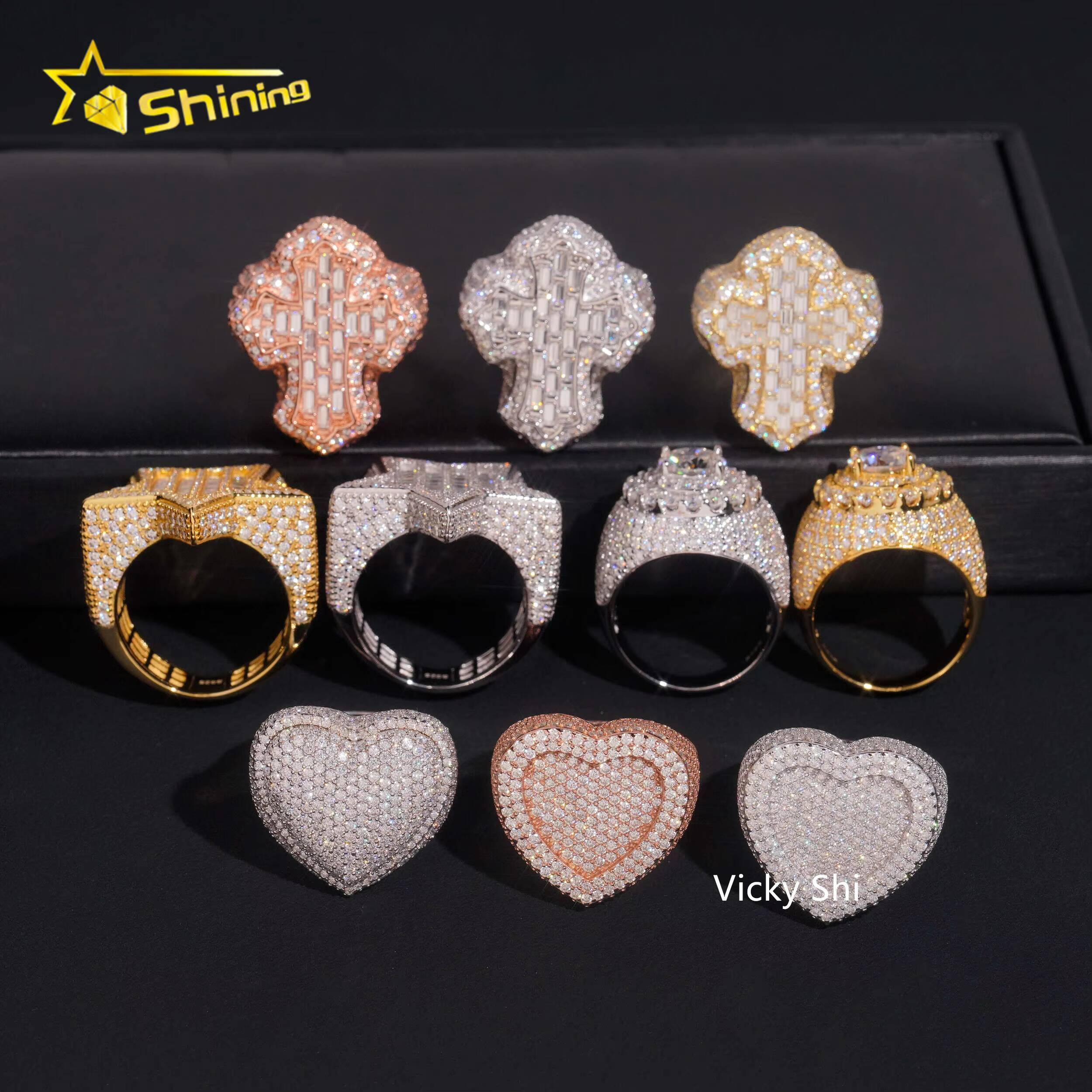 Hip Hop Jewelry 925 Sterling Silver VVS Moissanite Ring Men Iced Out Cross Heart Star Shape Rings Collection Rings Daily Wear