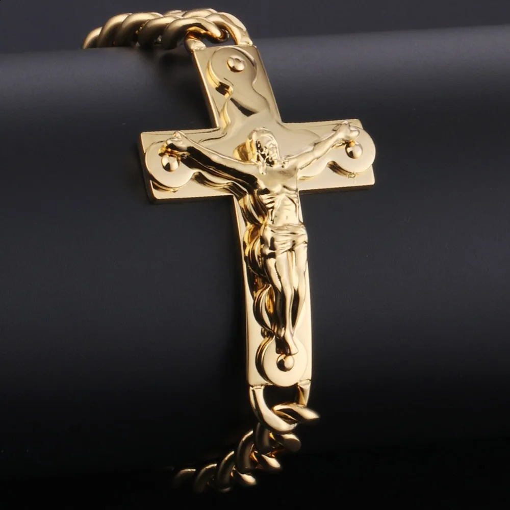 Crucifix Jesus Cross Charm Bracelets Stainless Steel Cuff Bracelets for Men Metal Cuban Hand Chain Religious Male Punk Jewelry 250805