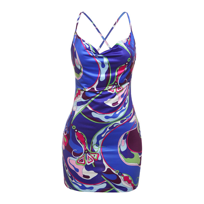 2025 Summer New Womens Fashion Sexy High Waist Slim Fit Bodycon Printed Strap Dress