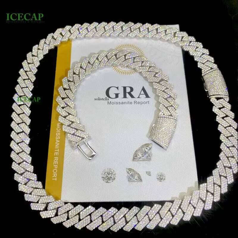 15mm 3Rows VVS Moissanite Miami Pass Dia Test Sterling Sier Bracelet White Gold Cuban Link Chain Necklaces