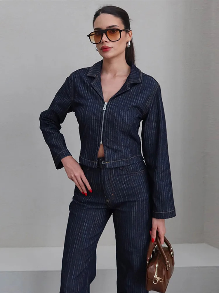 Striped Jeans Women Suit Lapel Long Sleeve Zippers Coat Wide Leg Trousers Female Set 2025 Spring Urban Casual Denim Lady Set 250808
