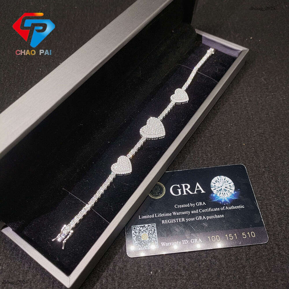 New Hip-Hop Heart-Shaped Sier Moissanite Full-Inlaid Bracelet Necklace Trendy Jewelry Unisex