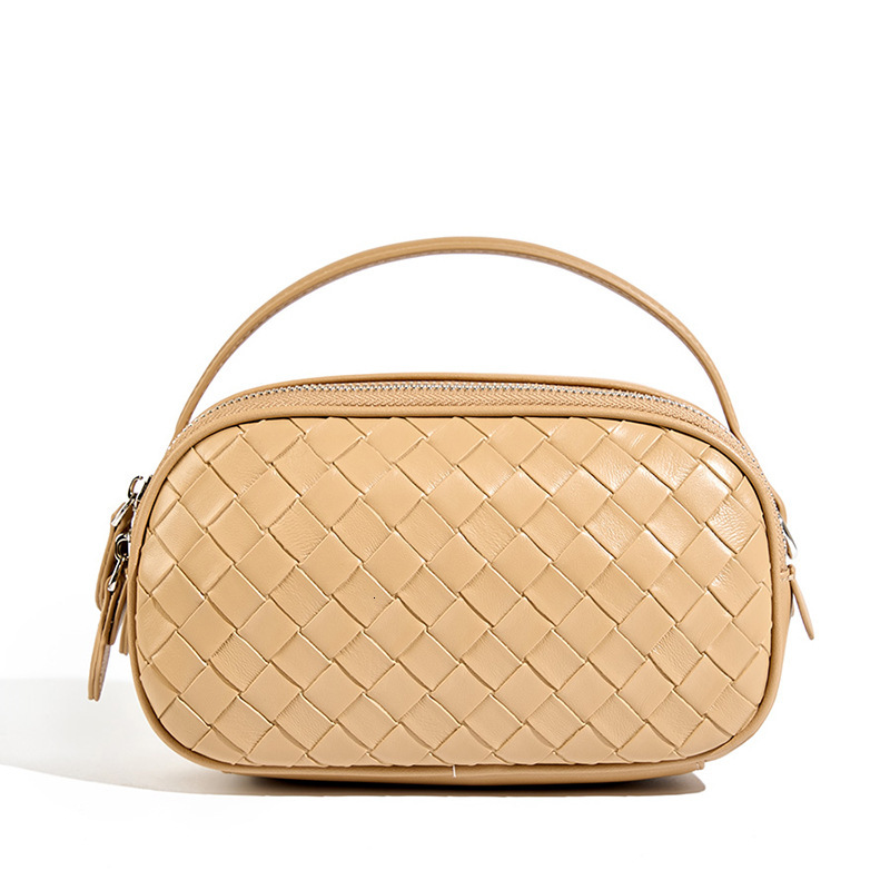 Summer New Genuine Leather Handbag Square Fashion Woven Double Zipper Shoulder Crossbody Small Casual Women's Bag