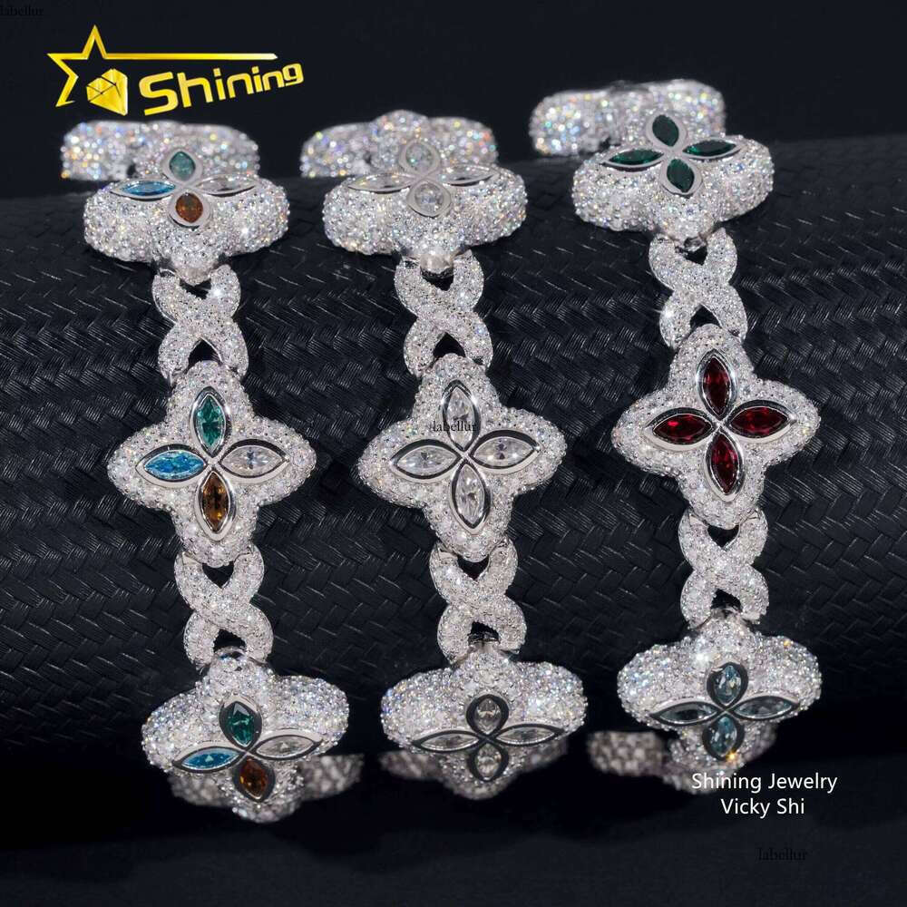 Hip Hop Clover Colorful Marquise Pure Sier VVS Silicon Stone Bracelet