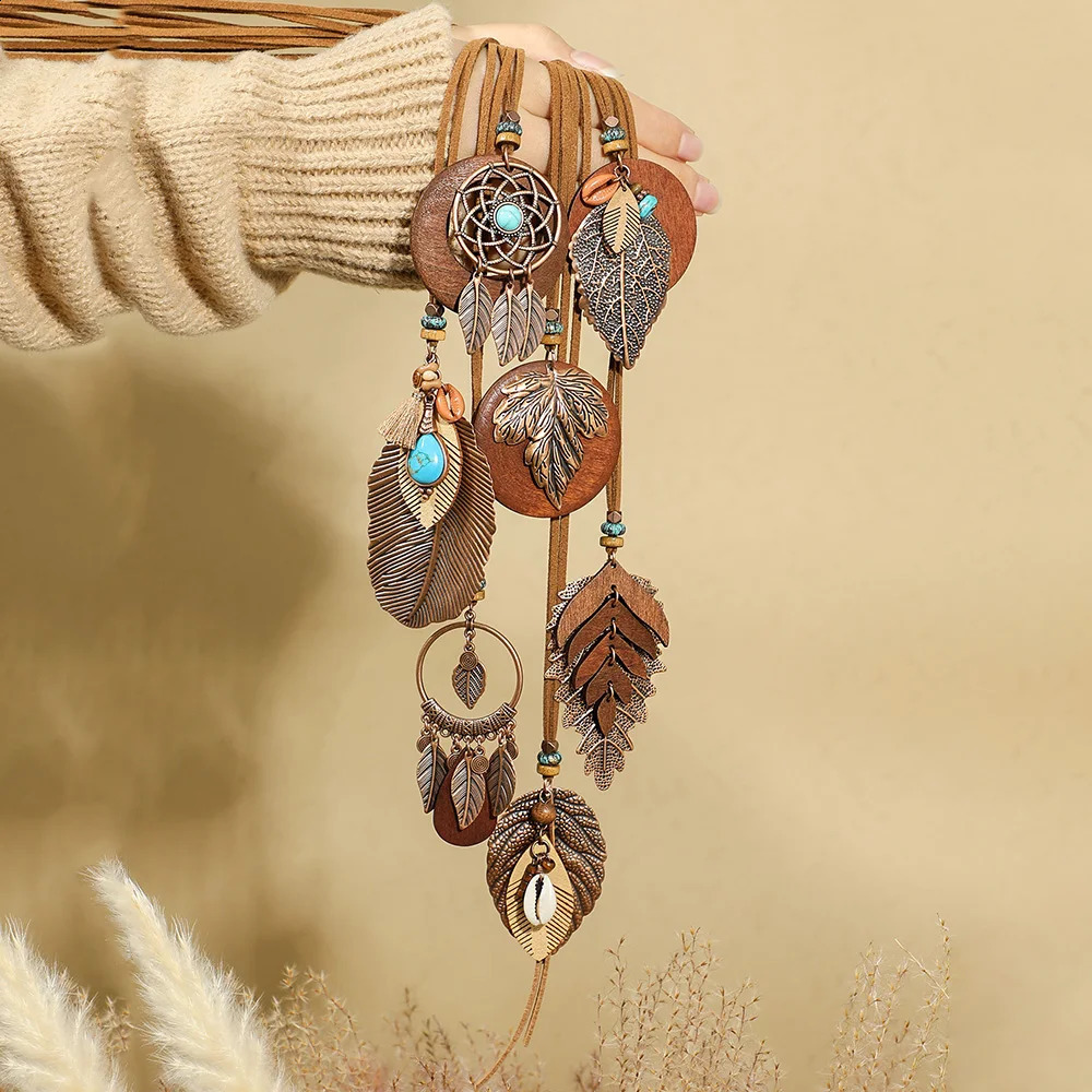 7pcs Boho Long Neckalce Set Brown Pendent Necklaces Sweater Chain Turquoise Shell Tribal Jewelry Party Decors Lifts 250805