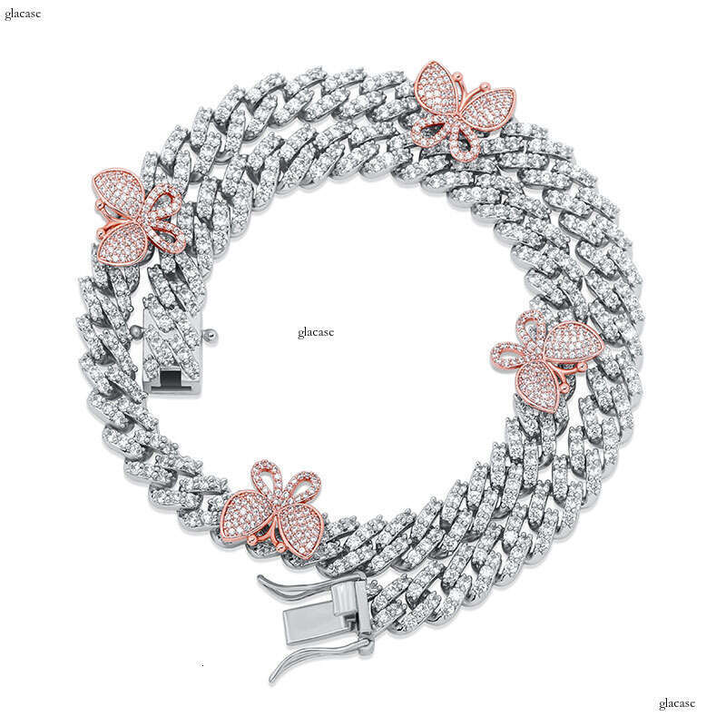 Hip Hop Rap Trend Micro Paved Moissanite chain Colorful Pink Butterfly New 8mm Cuban Necklace Couple