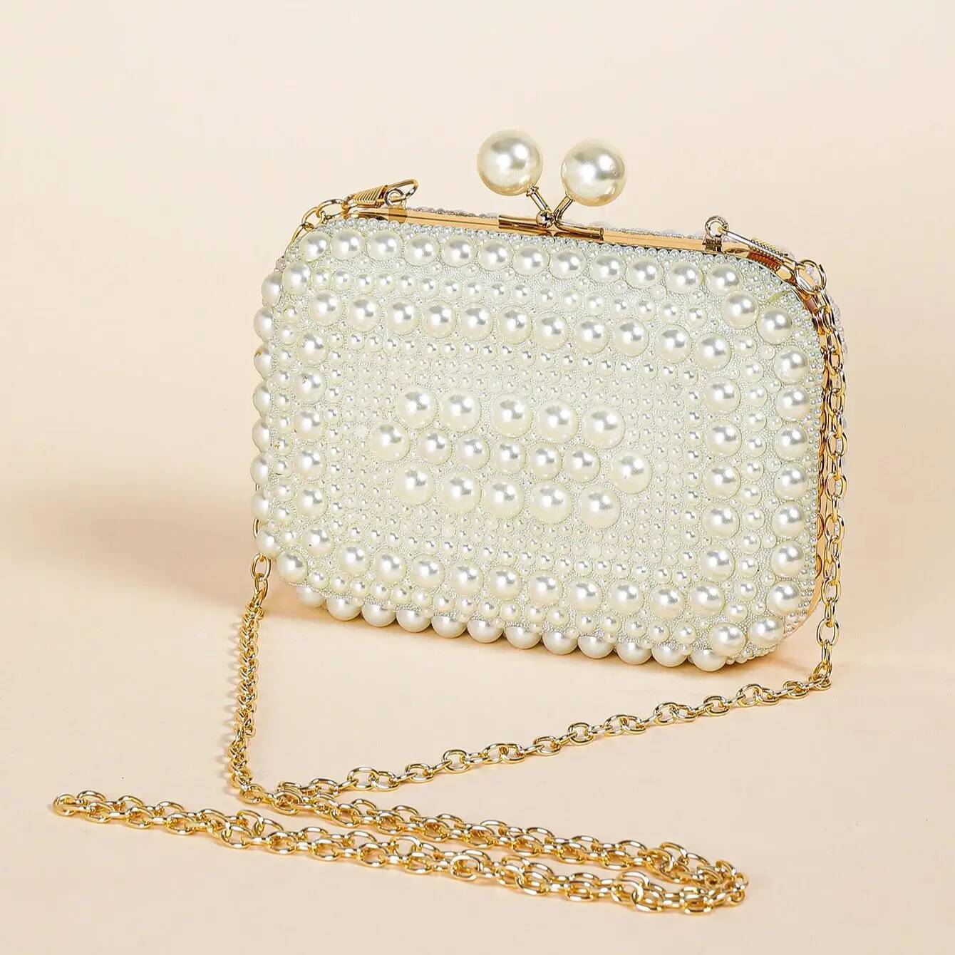 Glamorous Overall Pearl Beads Glossy Kiss Lock Metal Chain Clutch Box, Elegant Textured Frame Wedding Purse, Party Prom Dinner E