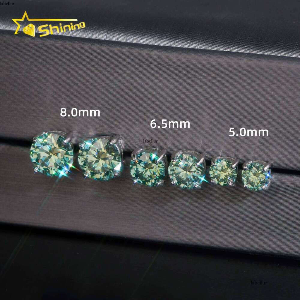 Pass Tester Sterling Sier Blue Green Moissanite Round Stud Hip Hop Earrings