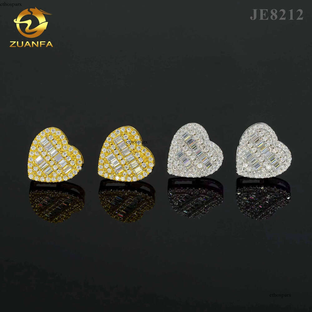 Fine jewelry sterling sier heart design studs screw back women men vvs baguette dia moissanite earring stud