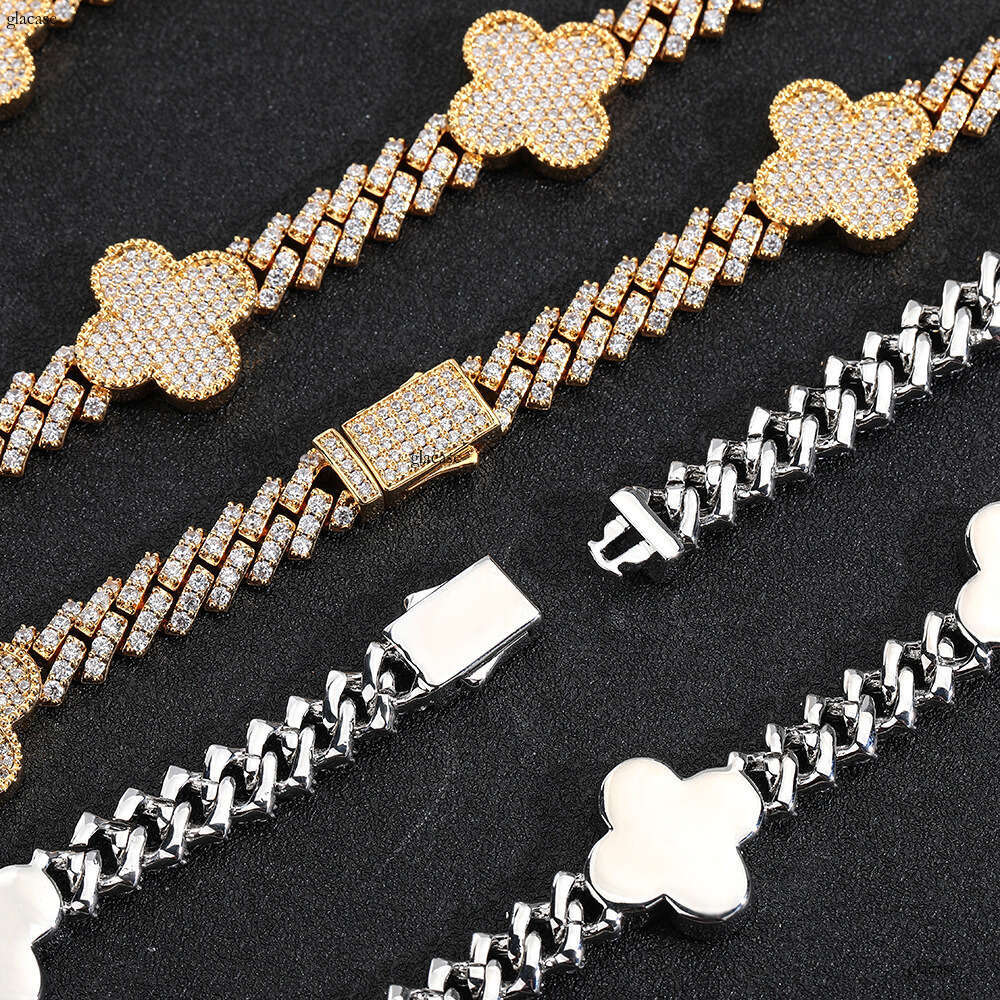 Hip Hop Spring Buckle Four-Leaf Clover Rhombus Cuban Chain Zircon High-End Versatile Men's Bracelet