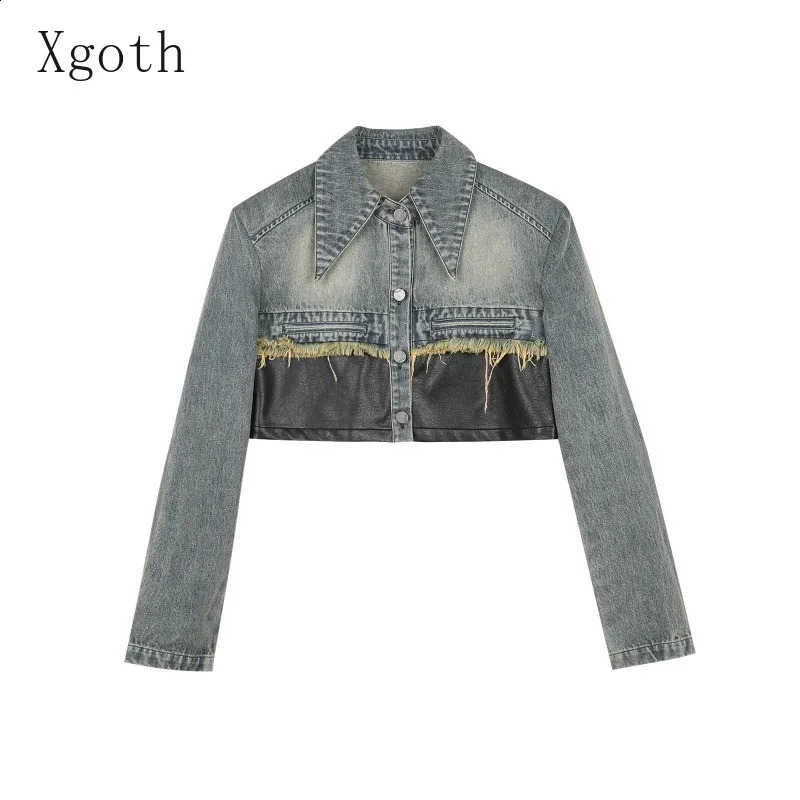 Womens Sets Leather Spliced Denim Turndown Collar Raw Edge JacketWide Leg Jeans Sweet Cool Spicy s Two-Piece Lady Clothing 250808