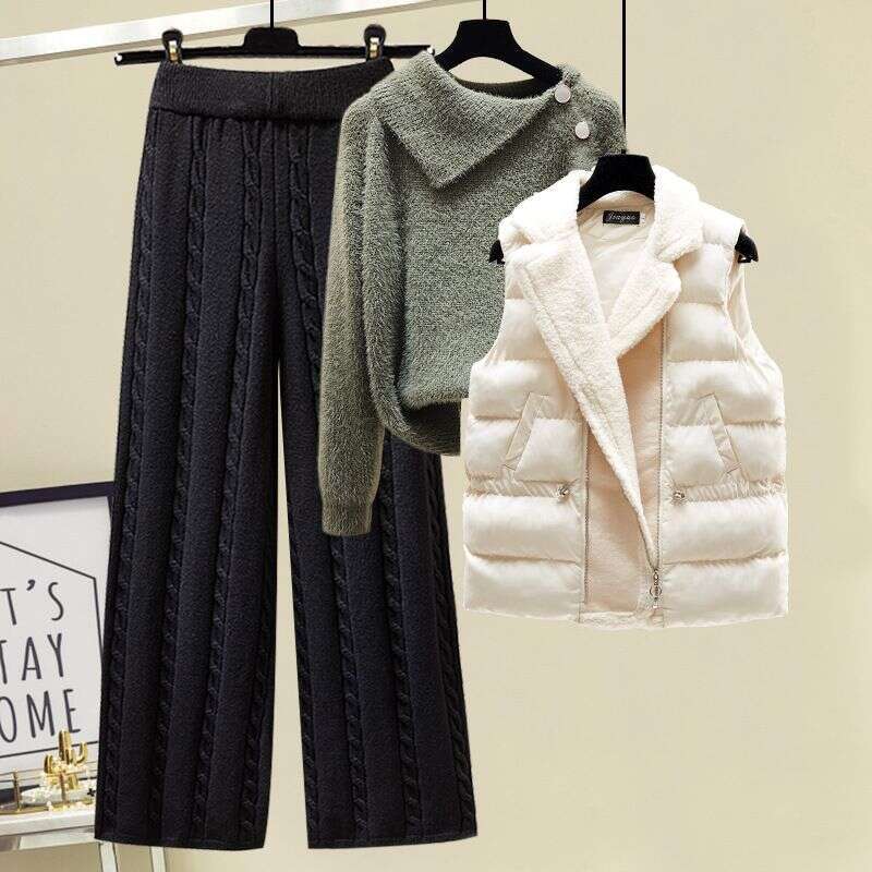 Women's Clothing Autumn And Winter Three Piece Suit Designer Sweater, Thickened Slim Vest Coat, High Waist, Cable Pattern, Wide Leg Casual Pants