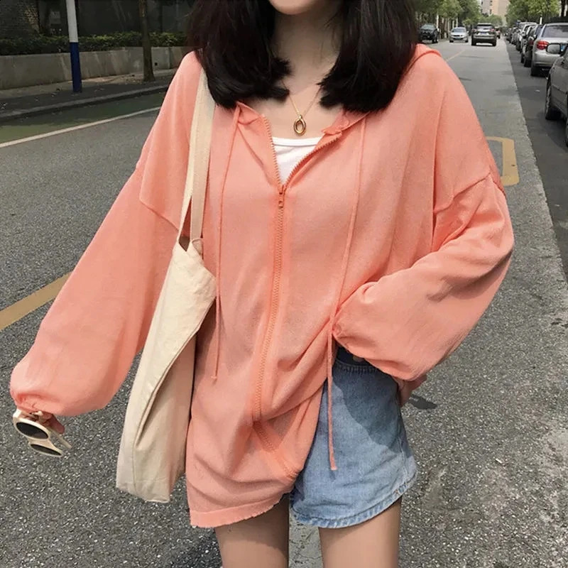 Summer Hooded Sun Protection Clothing Womens Casual Zipper Ultrathin Lightweight Jacket Loose Top Female 250809