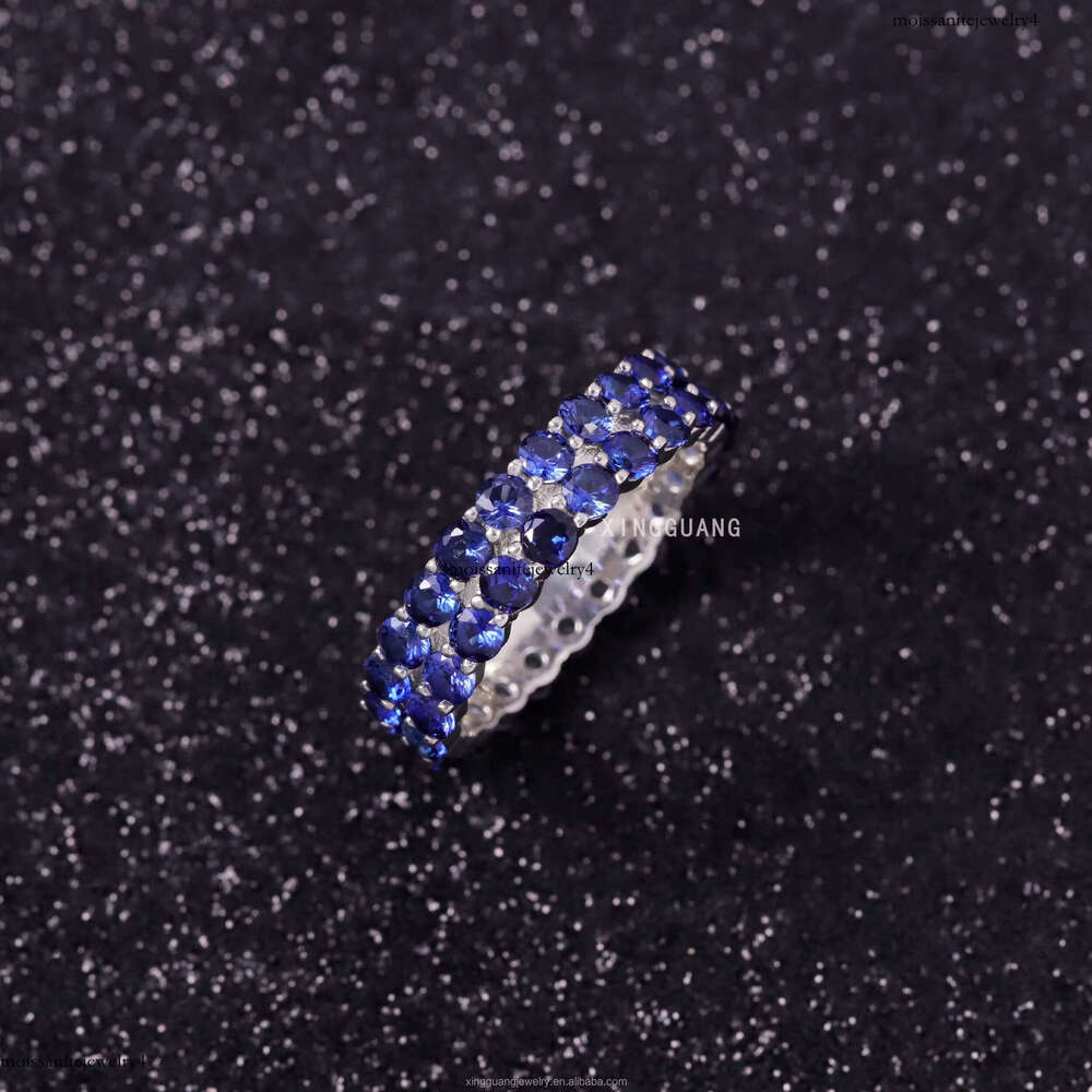Xingguang Moissanite Jewelry Sterling Sier Lab Grown Sapphire Blue Dia Cuban Ring for Men Women