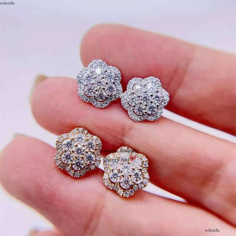 Iced Out Hip Hop Pass Dia Tester Men 10k Gold Flower Cluster Vvs Moissanite Earrings Stud