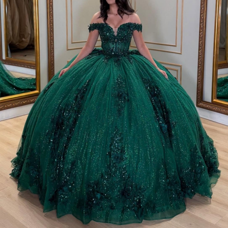 Blackish Green Shiny Quinceanera Dresses Off The Shoulder Applique Flower Beads Tull Ball Gown Vestidos De 15 Anos Sweet 16 Dress
