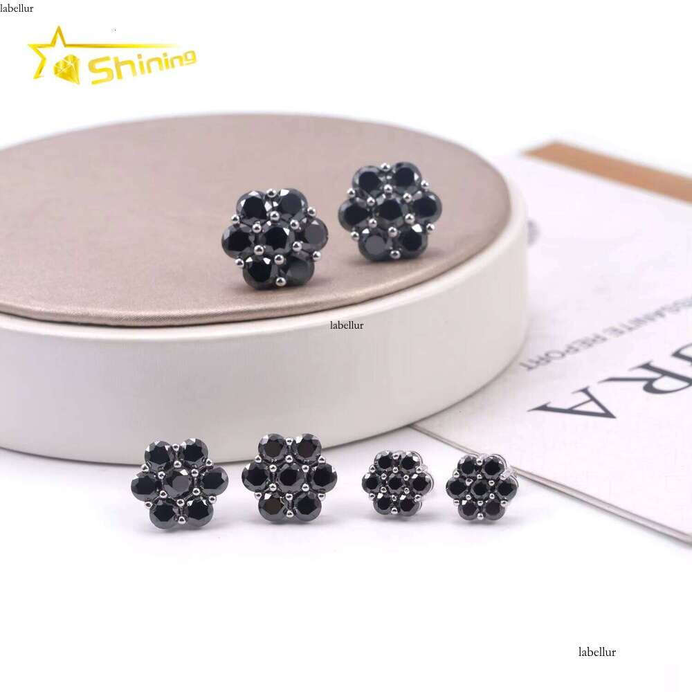 Premium Jewelry Black Dia Hip-Hop Iced Out Sterling Sier Flower Pyroxene Earrings