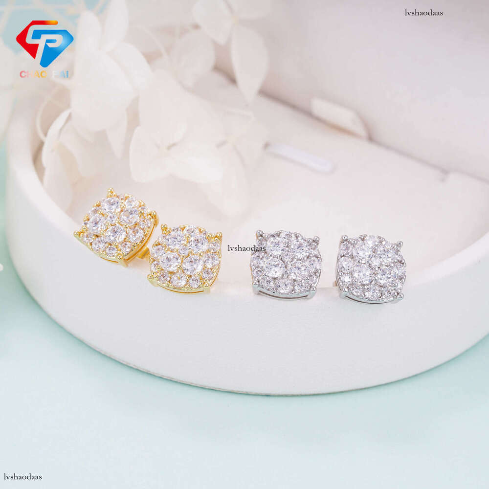 Hot-Selling High-End Ice Flower Round Sier Inlaid Moissanite Unisex Personality Fashion Earrings Jewelry