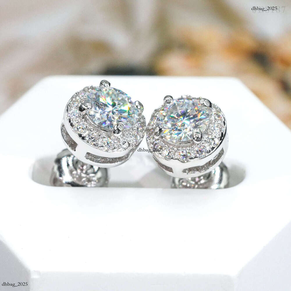 Hip-Hop Sier Plated Main Stone 5.0mm Moissanite Full Unisex Round Dense Setting Earrings