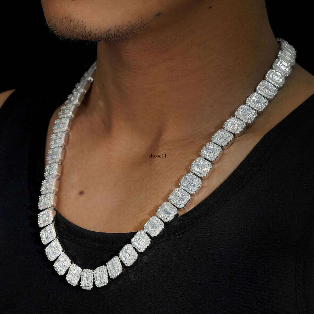 13mm Moissanite S Sier Baguettes Necklace For Men Iced Out Chain Hip Hop Jewelry Pass Dias Tester With GRA Free Shippin