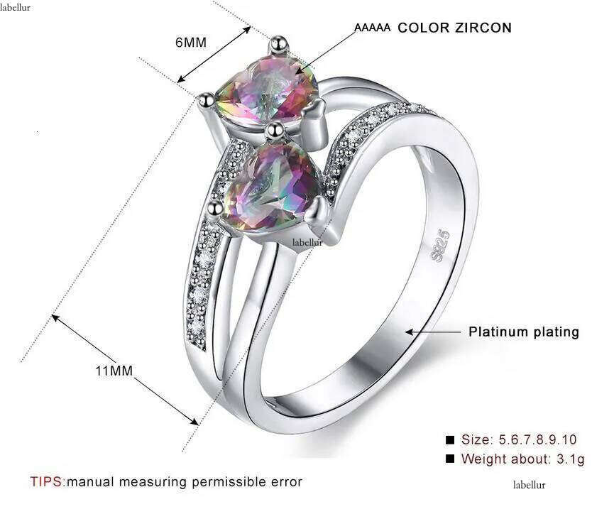 Hot Sell Cute Fashion Jewelry Sterling Sier Double Heart Color Rianbow Gemstones Women Wedding Engagement Band Ring For Lovers' Gift