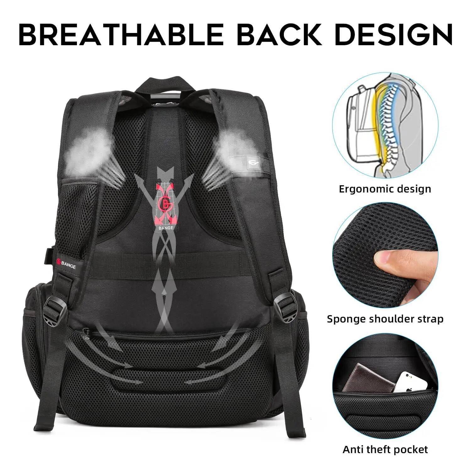 BANGE Large Multi-Function 40L Laptop 17 Inch Durable Travel Backpack School Bag For Teenagers with USB Recharging Port high-quality