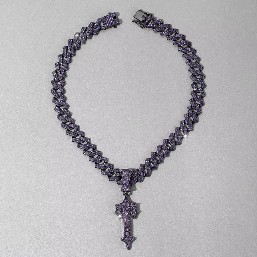 European American Hip-hop Mens New Purple Cross Pendant Necklace Big Sword Alloy Cuban Chain Cross-Border Fashion Jewelry